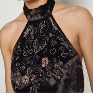 Free People Arianna Beaded Velvet Halter Top Size L